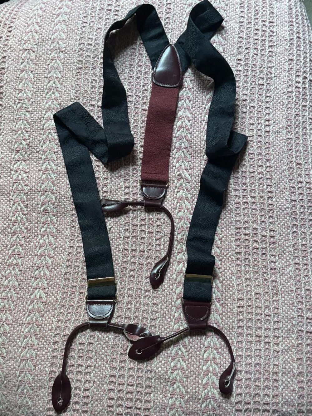 Vintage CAS black silk burgundy leather trim suspenders braces made in Germany